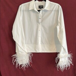 NWT, J.Crew Cropped White Shirt with Feather Cuffs